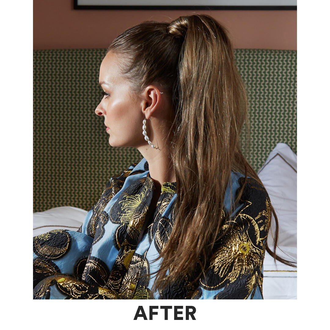 Resultatsbild på hur en Hazelnut Caramel Balayage sleek ponytail kan se ut